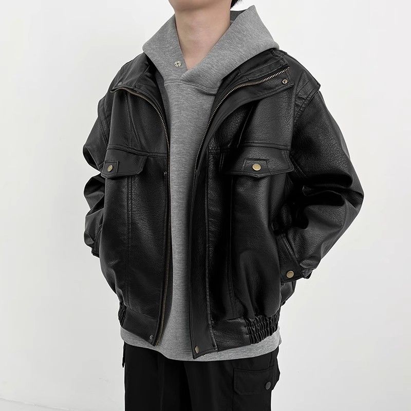 Herren Vintage Bikerjacke - Retro Bomberjacke aus PU-Leder mit geripptem Saum und Reißverschluss (Schwarz, M-3XL)_voghion.com