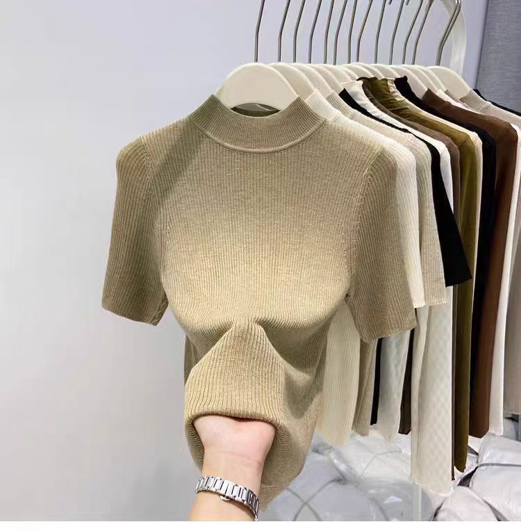 Maglia aderente con collo semi-alto – Pullover traspirante a maniche corte (essenziale per un look a strati leggero, bianco, nero)_voghion.com