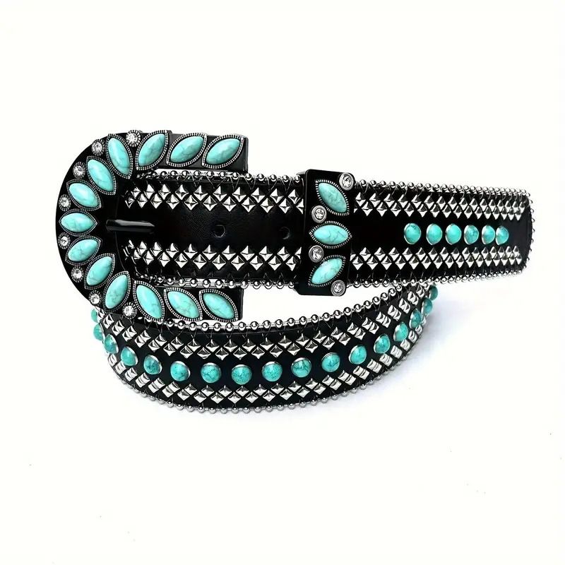 Cintura in denim alla moda punk Y2K con strass, stile bohémien, intarsiata con strass per uomo_voghion.com