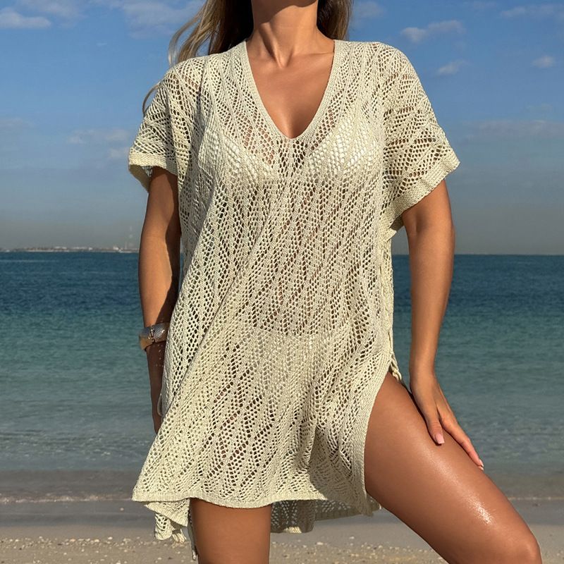 Breathable Mesh Knit Cover-Up Beach Shirt - Loose Fit Bikini Swimwear Wrap For Summer & Spring (White, Beige, Black, One Size)_voghion.com