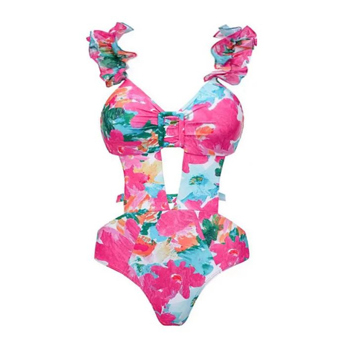Maillot de bain une pièce pour femme, ensemble maillot de bain une pièce à imprimé ajouré, col licou et jupe parapluie_voghion.com