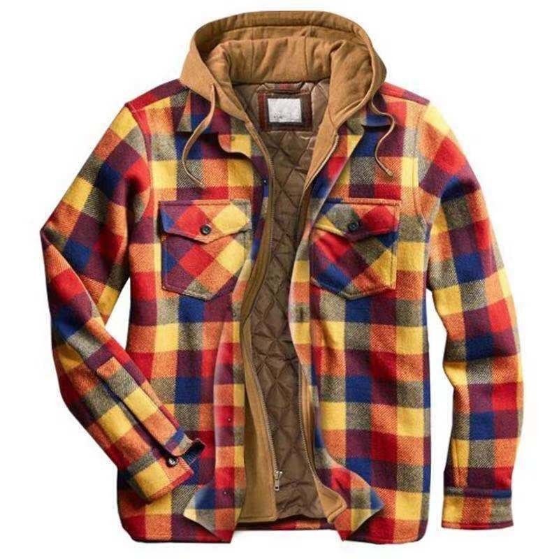 Men's Clothing popular men's clothing autumn and winter thickened cotton coat plaid long sleeved loose hooded jacket_voghion.com