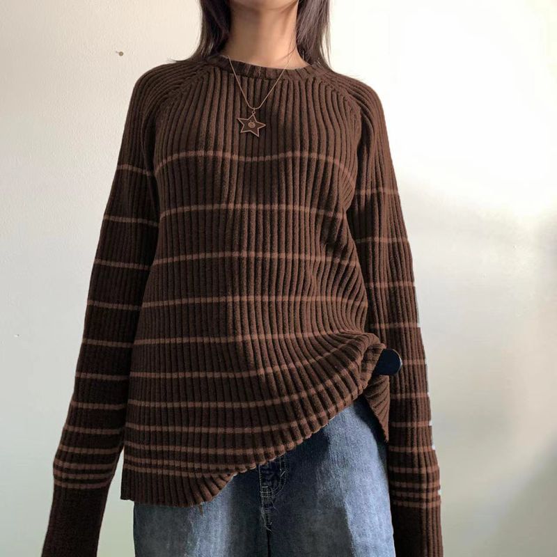 Maglione lavorato a maglia casual largo e largo da donna, a righe, a maniche lunghe, corto, autunno e inverno 2022_voghion.com