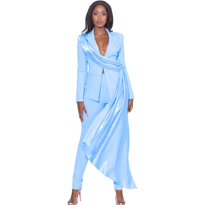 Women's sexy suit jacket two-piece solid color casual long-sleeved lapel button _voghion.com