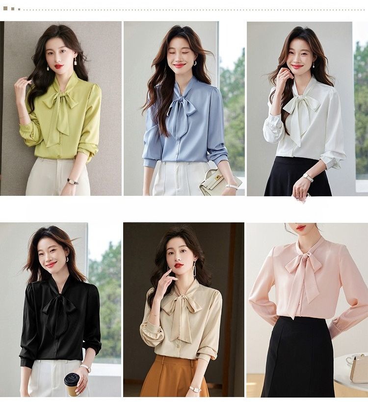 K New Bow Tie Design Women's Shirt; Minority Professional Style Satin Blouse With Sash_voghion.com