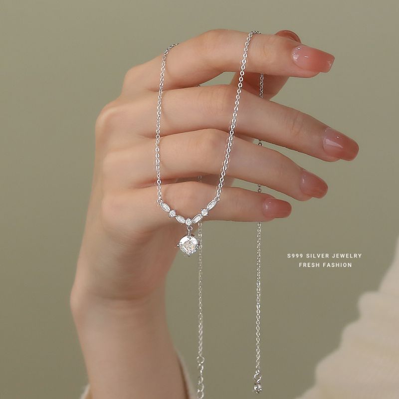 Collana di zirconi di lusso, luce brillante, per donna, S999, pura nicchia, elegante, versatile, di alta qualità, con catena per clavicola in argento pieno._voghion.com