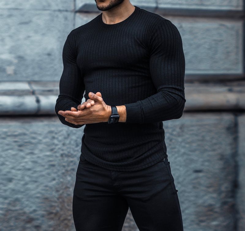 Ropa para hombre Camiseta deportiva de otoño para hombre, informal, con cuello alto, tiras verticales elásticas, cuello redondo, manga larga_voghion.com