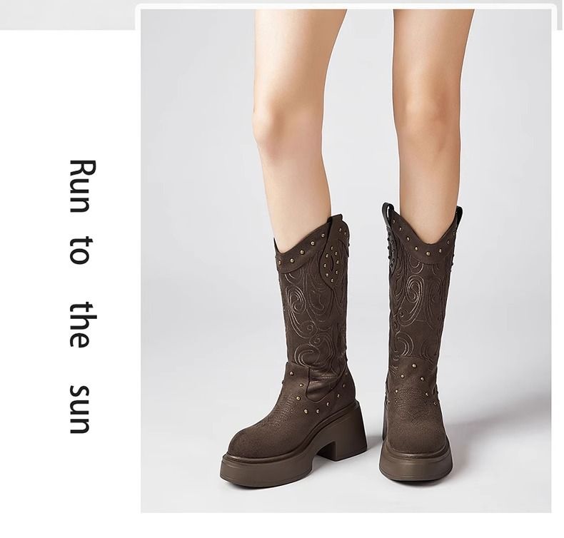 Damenschuhe Retro Spitzschuh Damenstiefel Dicker Absatz Ärmel Ritterstiefel Herbst Neue bestickte Stiefel mit mittlerer Wade Western Cowboystiefel_voghion.com