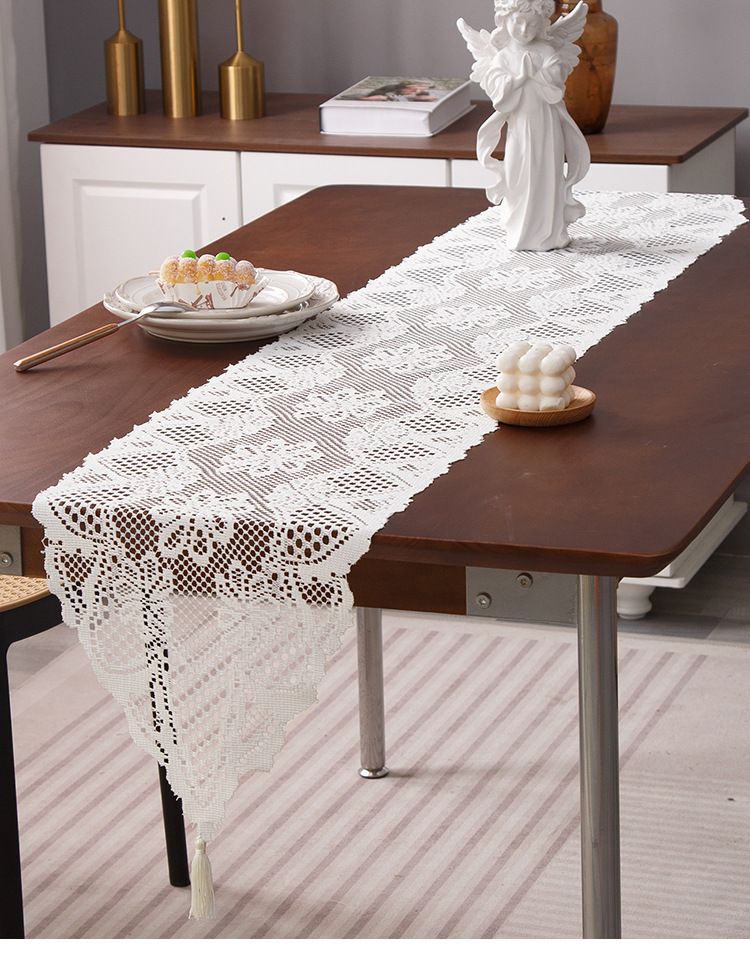 White Lace Table Runner With Tassels 72 Inch Boho Dining Table Decor Farmhouse Wedding Party Lightweight Washable Fits 6-8 Seater Table_voghion.com
