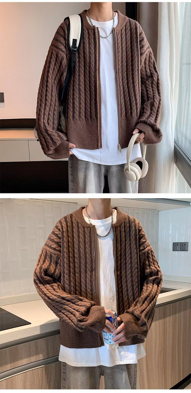 Herren-Strickpullover mit Retro-Streifen und Zopfmuster und Reißverschluss, lässige Strickjacke mit lockerer Passform für Herbst und Winter, trendige Mode_voghion.com