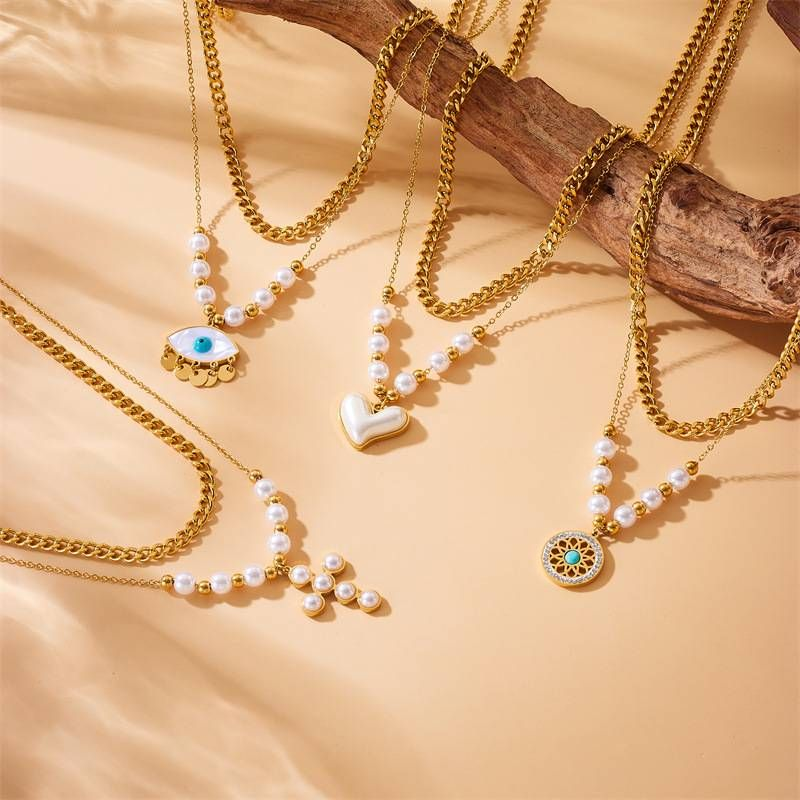 Stylish Retro Inlaid Pearl Love Cross Eyes Turquoise Pendant Double Stainless Steel Necklace_voghion.com