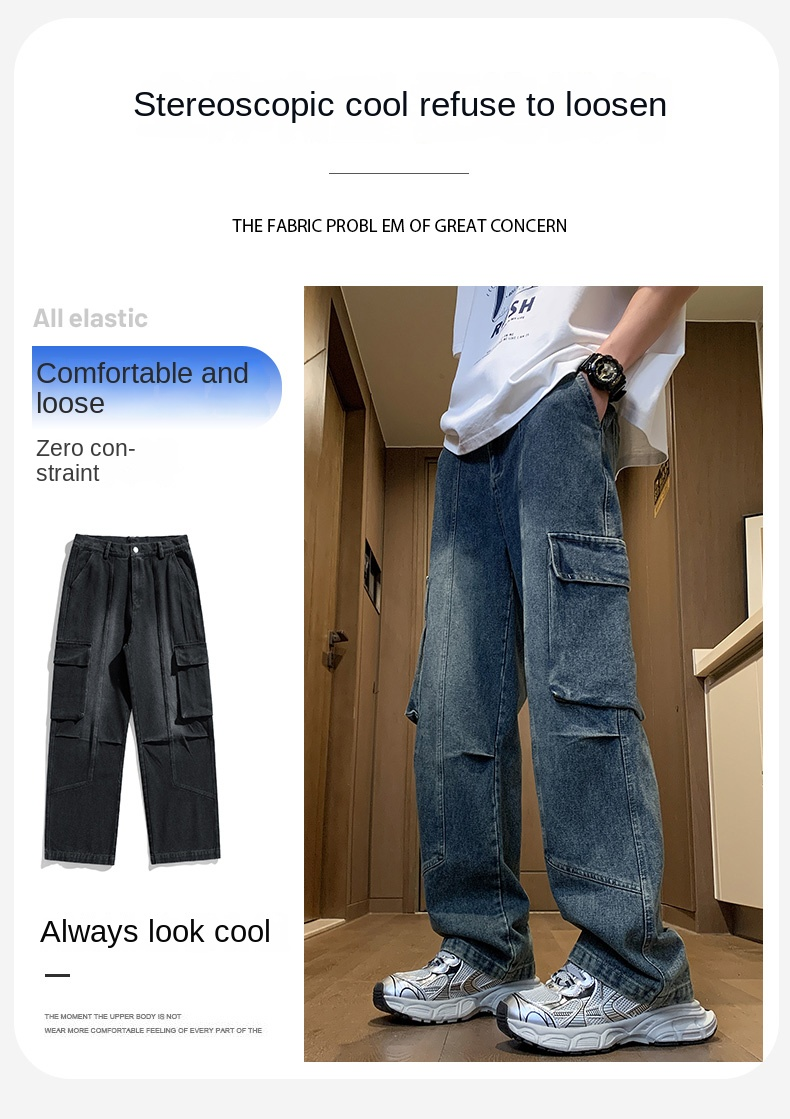 American Cargo Jeans Herr Vår Sommar High Street Raka Byxor Modemärke Retro All-match Casual Pants Jeans_voghion.com