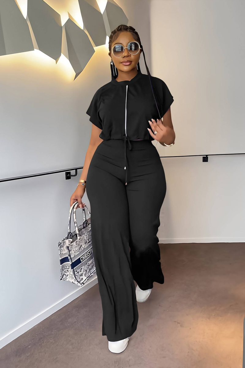 Completo due pezzi da donna con coulisse, pantaloni a vita alta e spacchi corti_voghion.com