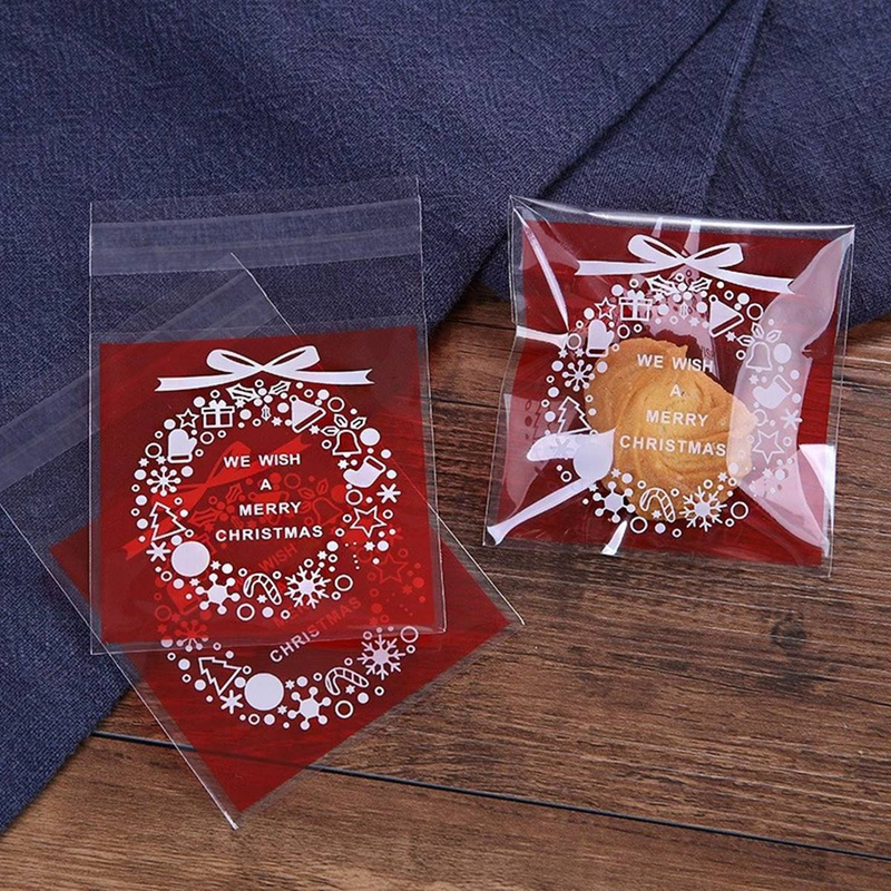 25 Stück rote Keksverpackungsbeutel mit Weihnachtskranz, Schneeflocken-Süßigkeiten-Druckverschlussbeutel, selbstklebende Backverpackungsbeutel_voghion.com