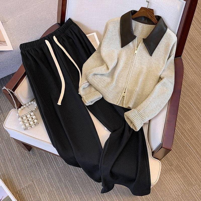 Damenbekleidung Herbst und Winter Neue Fat Mm Retro Reißverschluss Pullover Strickjacke Damen Schlanke Hose mit weitem Bein Bedecken Fleischanzug_voghion.com