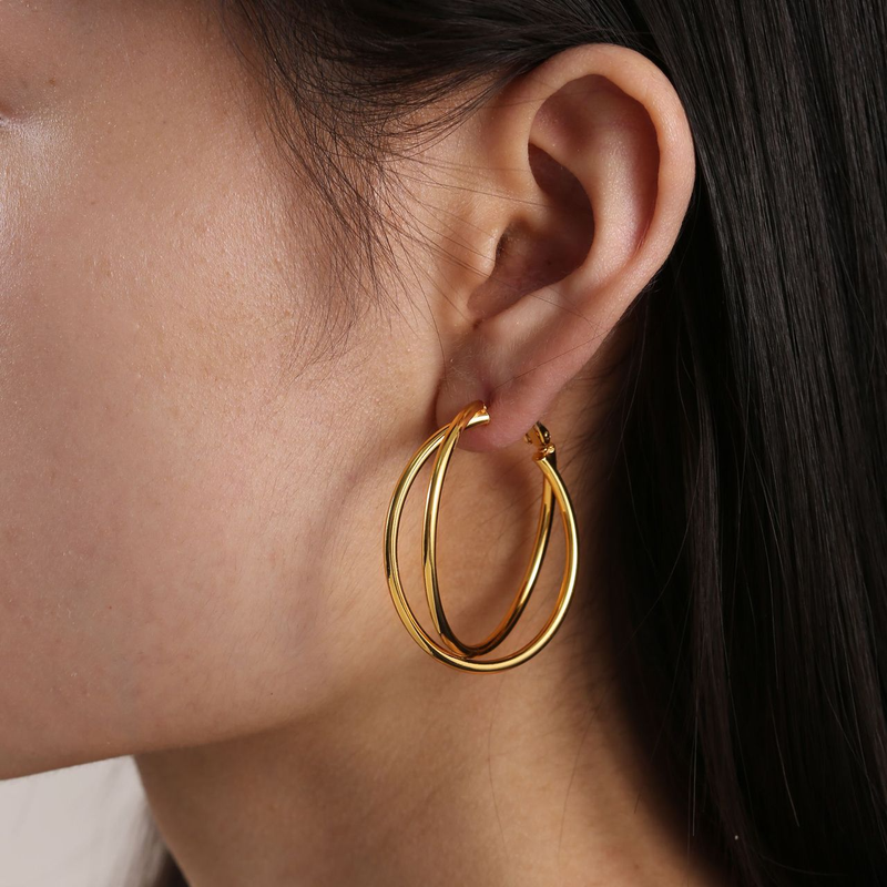 Damenschmuck Doppellagige Spiralkreuz-Hohl-Übertriebene Große Creolen Kupferplattiert Mit Echtem Gold High-End-Nischenlicht-Luxus-Ohrringe_voghion.com