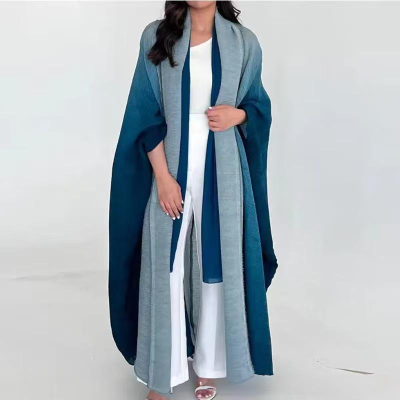 Women's Clothing Pleated Plus Size Spring Coat For Women With Gradient Color Loose Bat Sleeves For Women Fashionable Long Sleeve Robe Coat_voghion.com