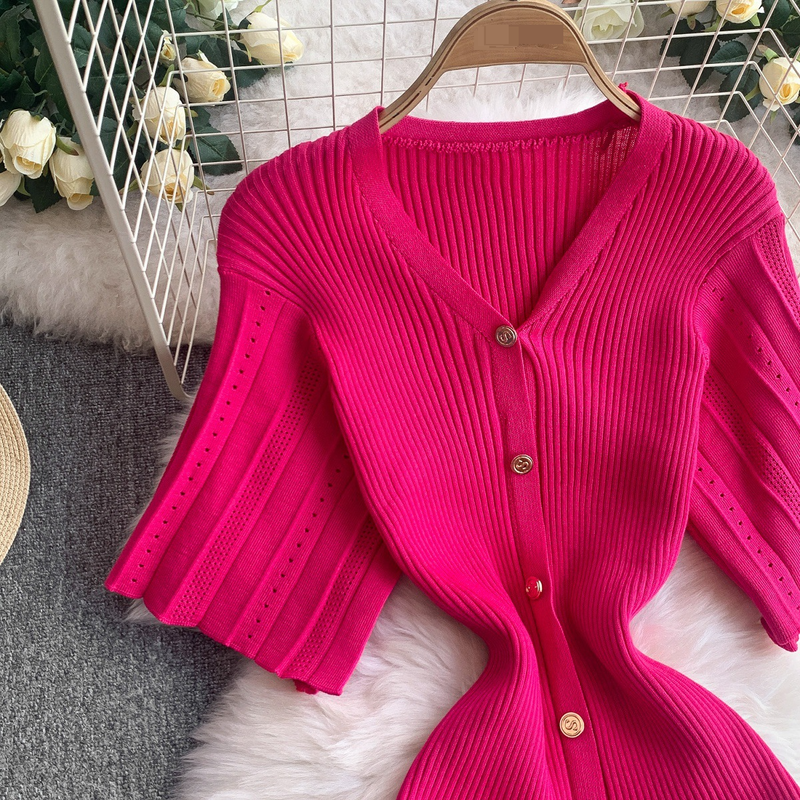 Women's Clothing Elegant V Neck Single Breasted Short Sleeved Dress Knitted Elastic Waist Hollow Fishtail Long Skirt_voghion.com