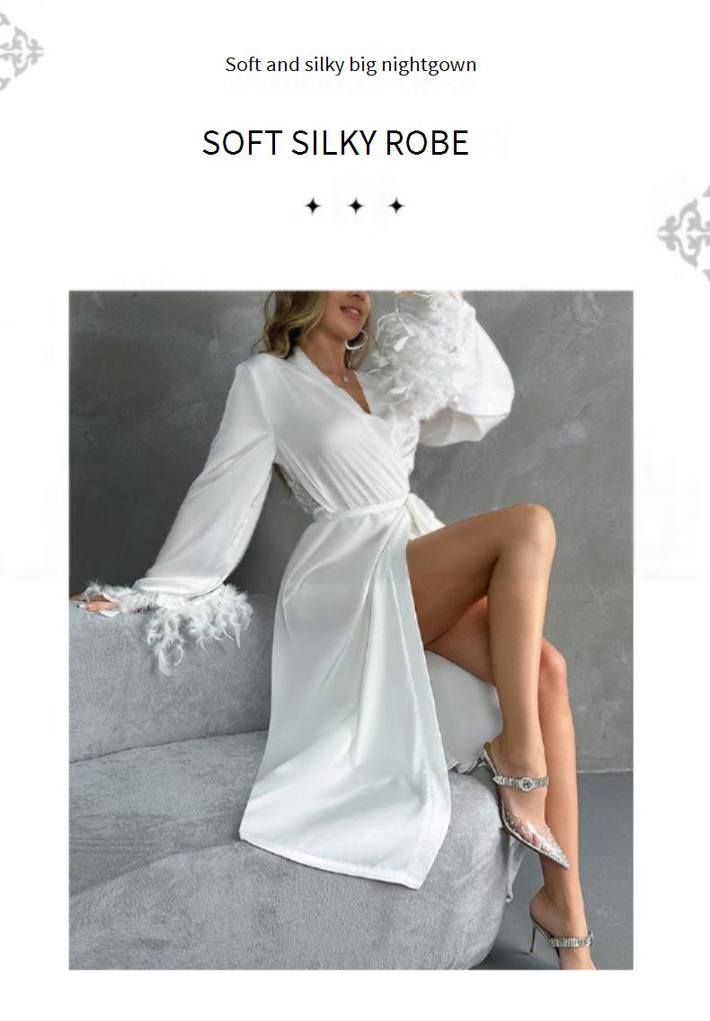 Damen Nachtwäsche Langes Nachthemd Spitze Satin Spleißen Pelzmanschetten Sexy Backless Home Kleidung Pyjamas Weiblich_voghion.com