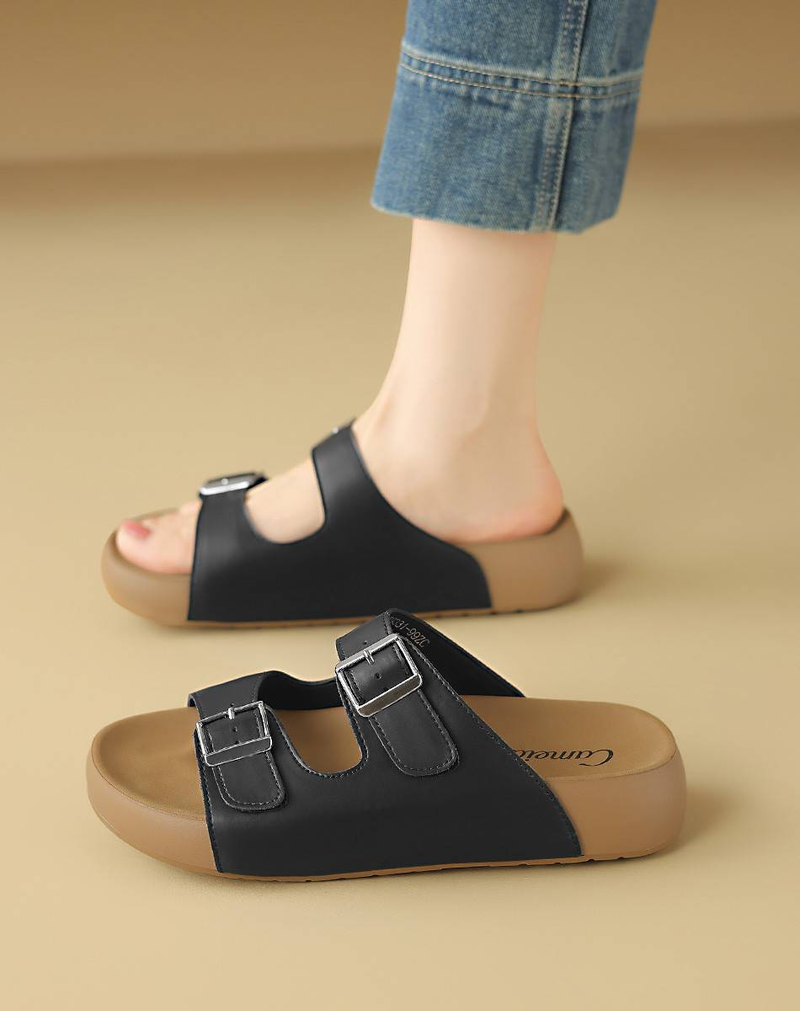 Cameido Women's Black Pu High-End Style Round-Toed Thick-Soled Slippers_voghion.com