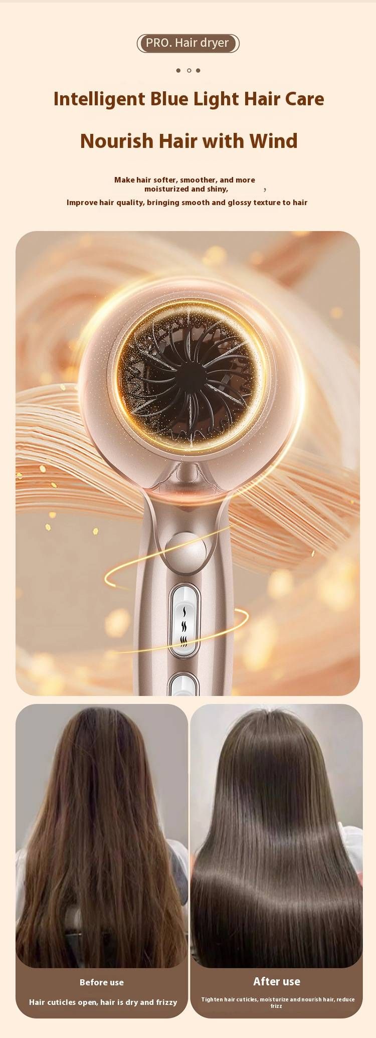 Asciugacapelli professionale da salone da 2200 W - Asciugacapelli ionico ultra silenzioso con terapia della luce blu, 3 velocità e aria calda/fredda per casa e parrucchieri_voghion.com