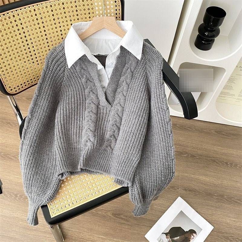 Pull en tricot deux-en-un pour femme - Style vintage décontracté d'inspiration japonaise, col polo, pull en maille torsadée, décontracté et chic_voghion.com