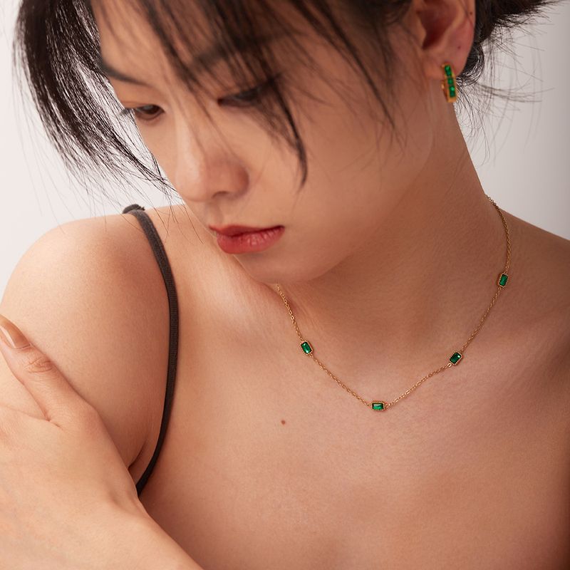 Collane con ciondolo in zircone verde quadrato multiplo in acciaio inossidabile stile INS, versatili alla moda da donna_voghion.com