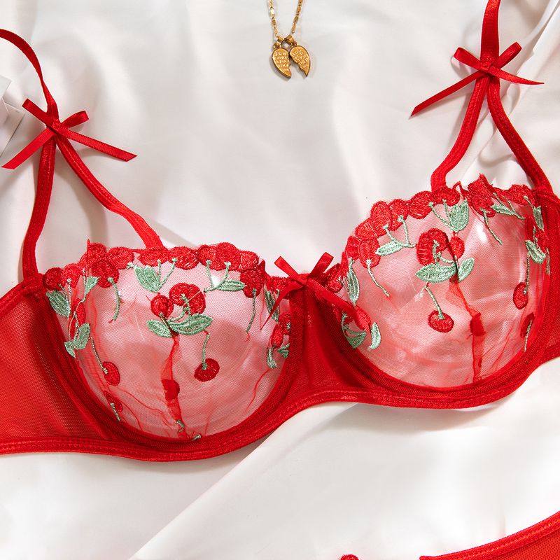 Completo reggiseno in rete trasparente ricamato in stile francese con dettagli a fiocco - Lingerie 2 pezzi_voghion.com