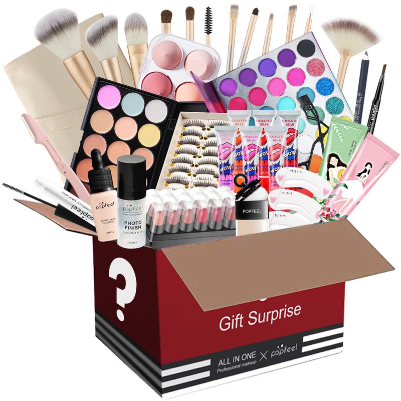 Caja sorpresa con combinación de maquillaje, sombra de ojos, lápiz labial, juego de brochas de maquillaje de base, color aleatorio_voghion.com