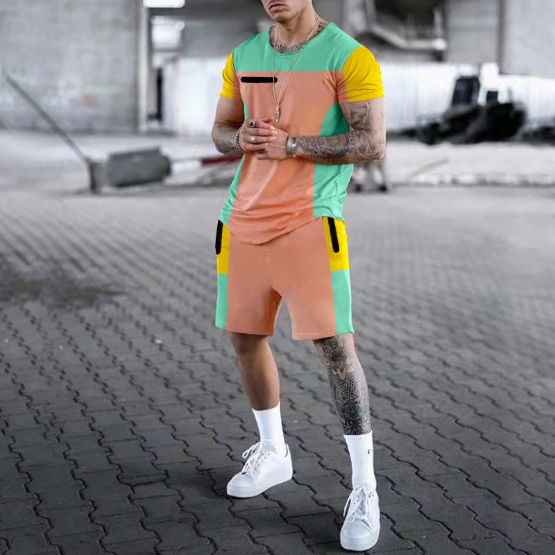 Costume d'été T-shirt à manches courtes col rond décontracté patchwork couleur contrastée ensemble deux pièces pour hommes_voghion.com