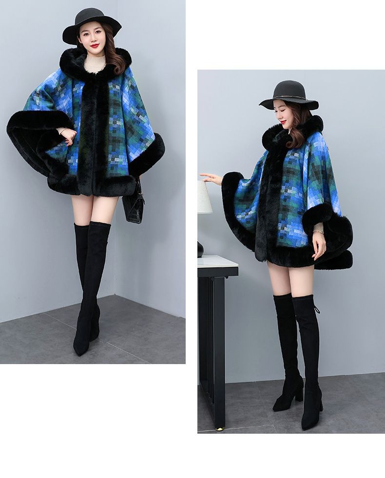 Cappotto cardigan scozzese con collo a scialle e cappuccio in pile ispessito_voghion.com