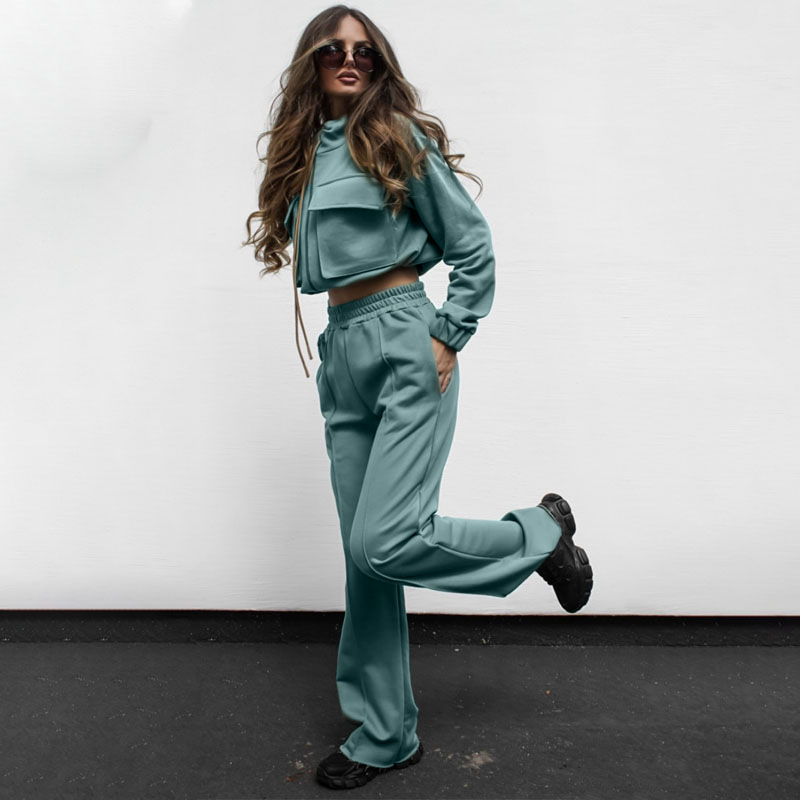 Women's solid color zipper double bag drawstring long sleeve shirt fashion casual long pantsuit_voghion.com
