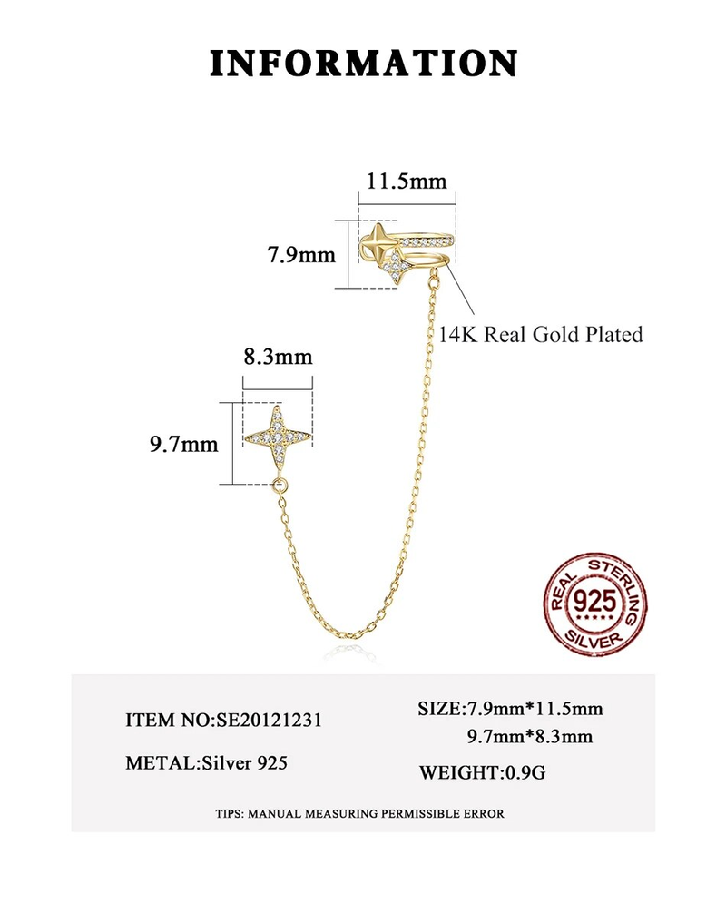 1Pc Stunning Stars Sterling Silver Clip Orecchini per Donna Cubic Zirconia Ear Clips Oro Colore Donna Gioielli di Moda_voghion.com