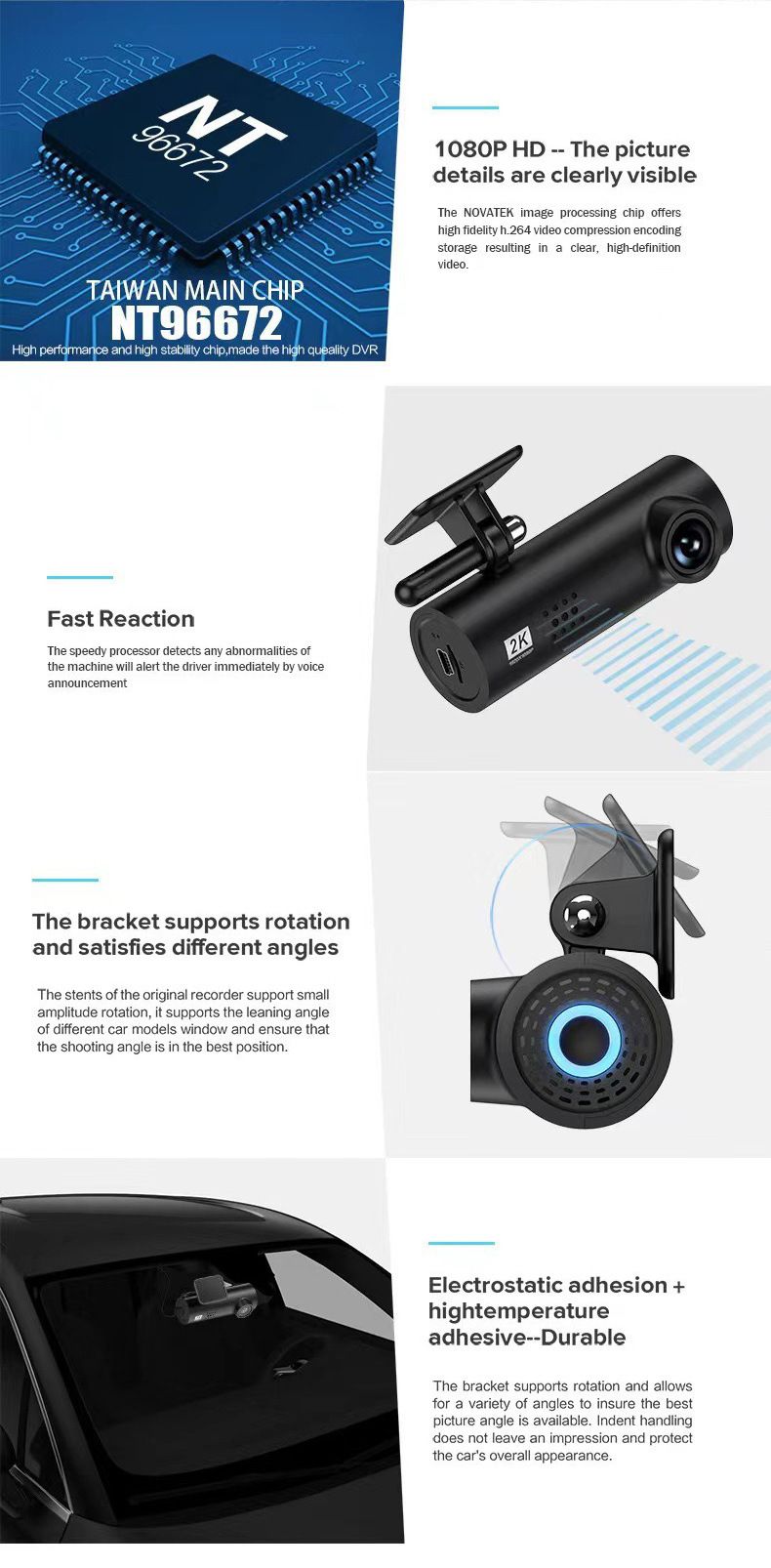 Grabadora de conducción transfronteriza, máquina de lápiz labial con visión nocturna HD, WiFi inalámbrico, lente única sin pantalla, pegamento 3m, Dash Cam_voghion.com