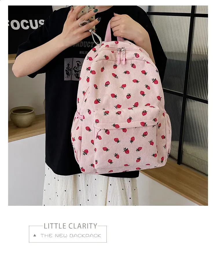 Corduroy Strawberry Backpack Student Multi Pocket Youth Adjustable Strap Notebook Outdoor Mochila Escolars 250408l_voghion.com