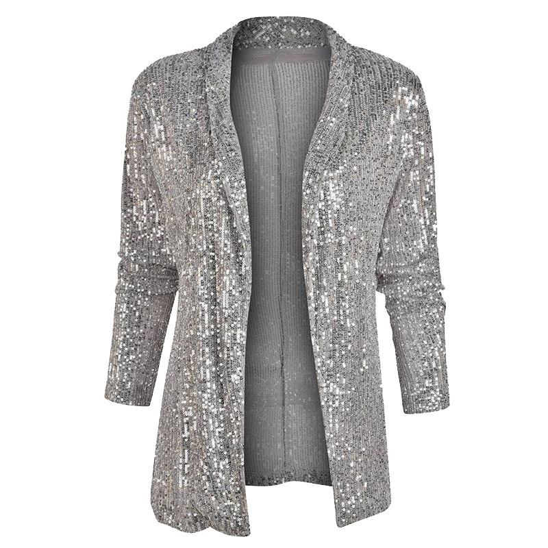 2025s 2025 Spring New Sequined Sleeved Temperament Mid To Long Length Small Suit With Lapel And Solid Color Jacket For Women_voghion.com