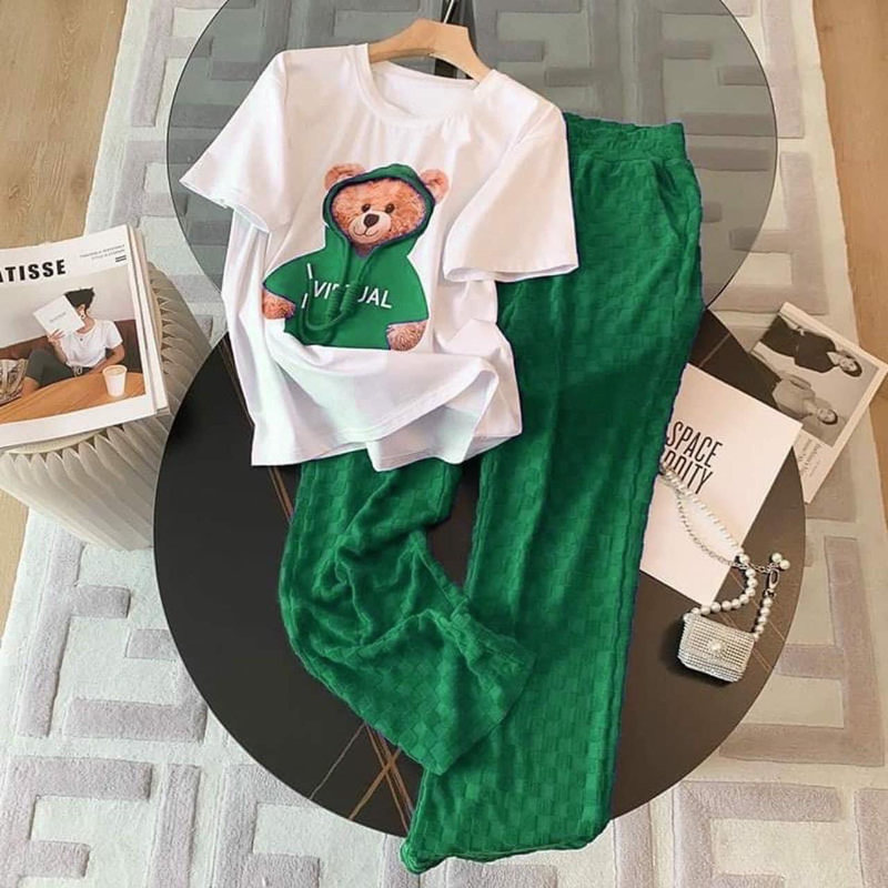 Ensemble deux pièces ours pour femmes, manches courtes, manches longues, mode décontractée_voghion.com