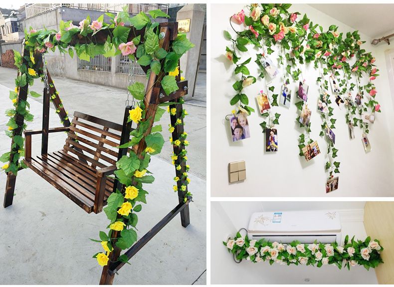 69 Heads Artificial Rose Vine Garland For Wedding Home Decor, Air Conditioner & Pipe Decoration, Fake Flower Vine With Ties, Multiple Colors Available_voghion.com