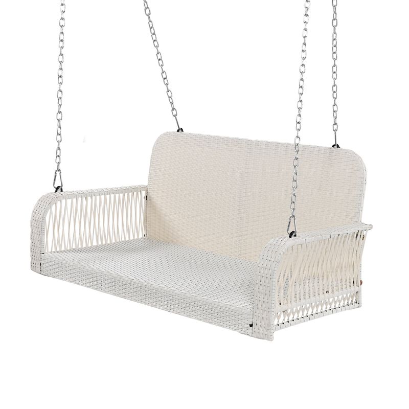 PE Wicker Porch Swing, 2-Seater Hanging Bench With Chains, Patio Furniture Swing For Backyard Garden Poolside_voghion.com