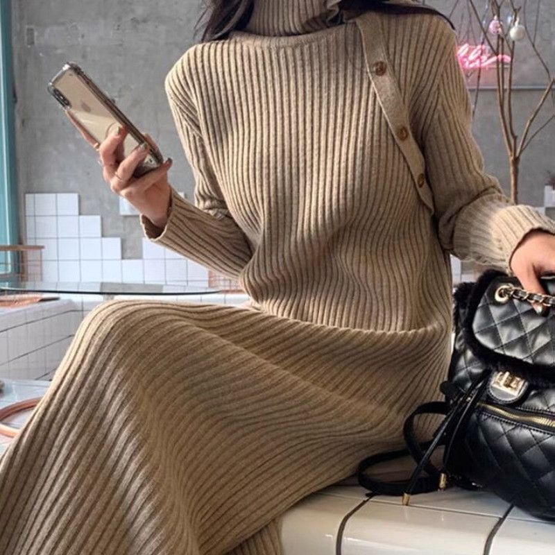 2025 Herbstpullover mit Mantel, hoher Halsausschnitt, mittellanges, geripptes Basiskleid mit innerer Schicht_voghion.com