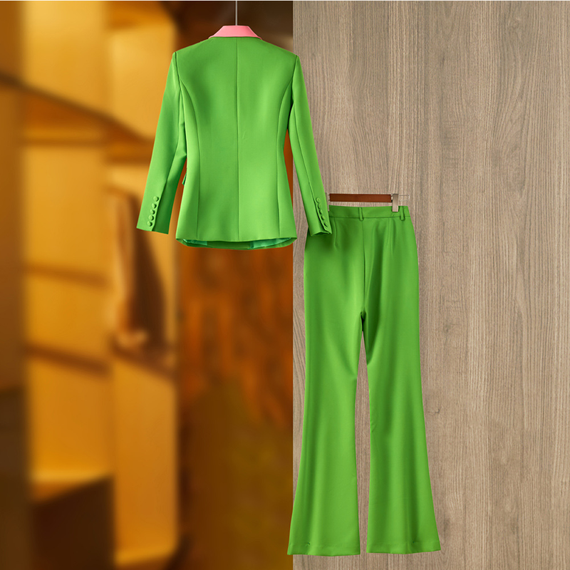 Costume épissé vert émeraude pour femmes, haut à col, pantalon à jambes larges, tempérament, mode, costume deux pièces_voghion.com