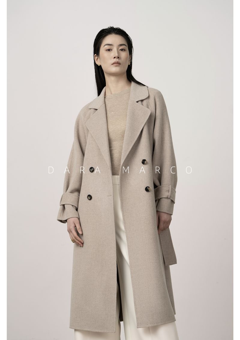 Trench double-face di lusso in misto cashmere e seta per donna – Elegante design con spalle scese, cappotto lungo aderente con drappeggio lusinghiero_voghion.com
