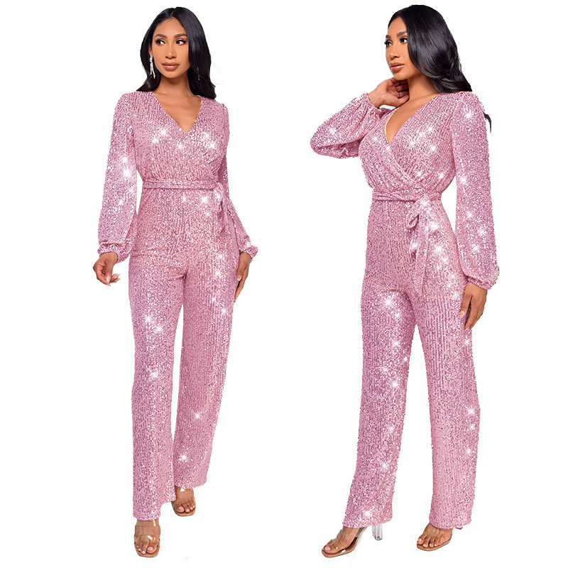 Damkläder Ins Style Deep V Mode Casual Jumpsuit Långärmat Bälte Paljett Jumpsuit Dam_voghion.com