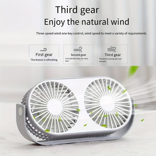 1pc USB Desk Fan; 3 Speeds Portable Personal Desktop Table Fan; Double Head And Double Leaf Fan For Indoor; Bedroom And Home Office Use_voghion.com