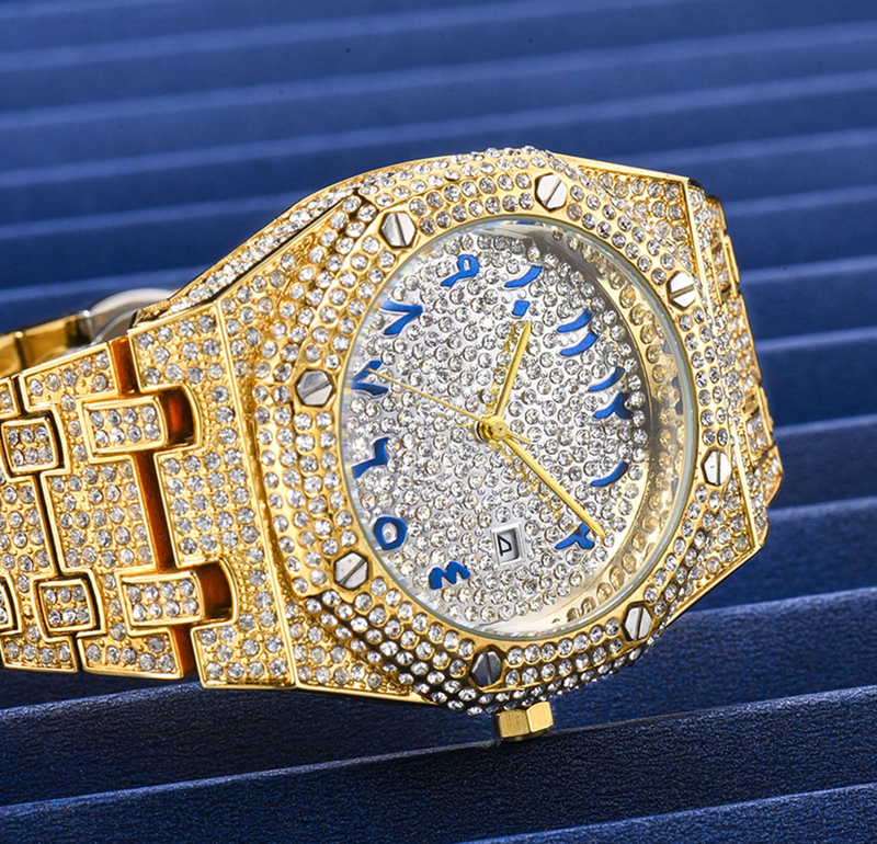 Orologio da uomo di lusso con diamanti bling, orologio al quarzo impermeabile per uomo, orologio da polso con calendario hip-hop_voghion.com
