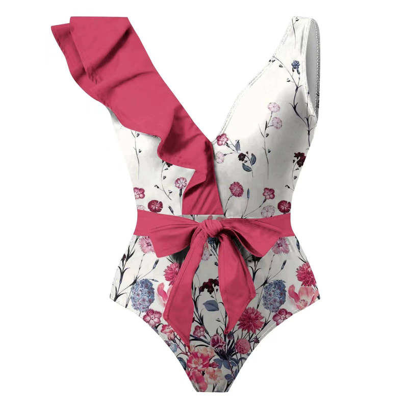 European and American conservative one-piece swimsuit chiffon skirt two-piece set for women's ruffled edge positioning printed casual swimsuit_voghion.com