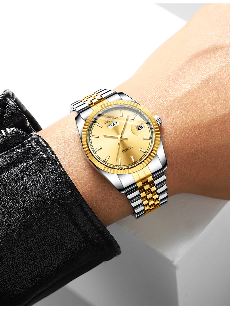 Montre d'affaires tendance pour homme Montre homme phosphorescente Montre à quartz à double calendrier Montre dorée_voghion.com