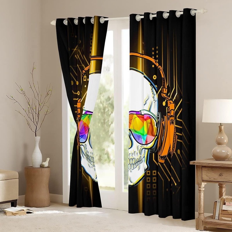 Skull Window Curtains Boys Headphone Skeleton Window Drapes Youth Game Living Room Tribal Ghost Curtain Panels Circuit Board Orange Window Treatments_voghion.com