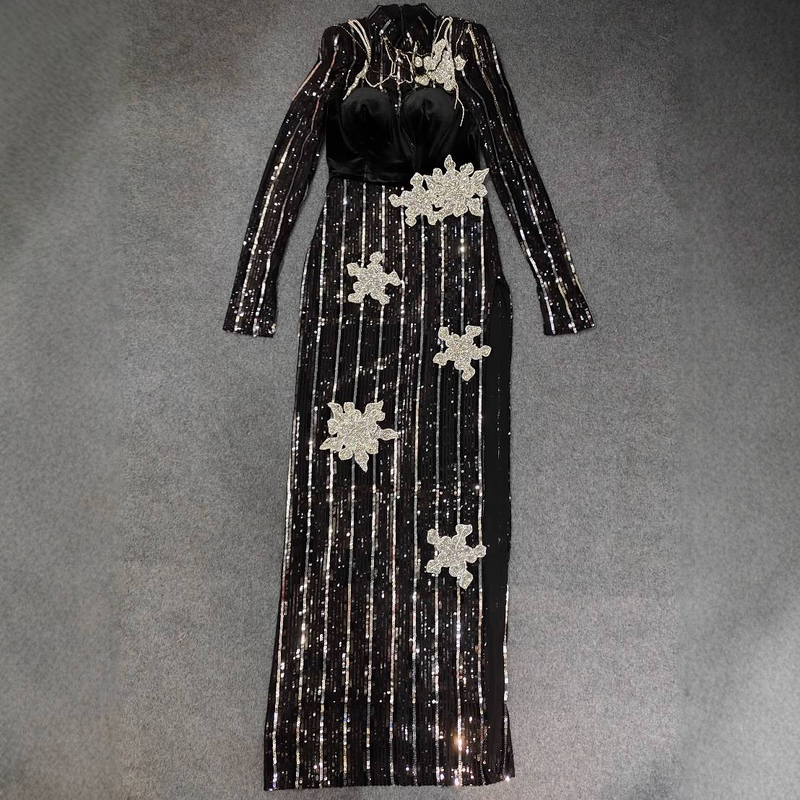 Elegantes, langärmliges, figurbetontes Abendkleid mit Perlenbesatz für Partys und Bankette – hoch tailliertes, funkelndes Pailletten-Abendkleid in Schwarz_voghion.com