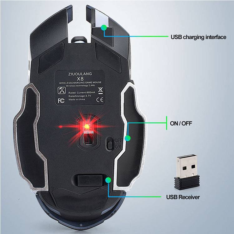 Mouse sem fio para jogos X8 com iluminação RGB, 2400 DPI, 6 botões, design ergonômico para PC/laptop - compatível com Mac e Windows (preto/branco/cinza)_voghion.com